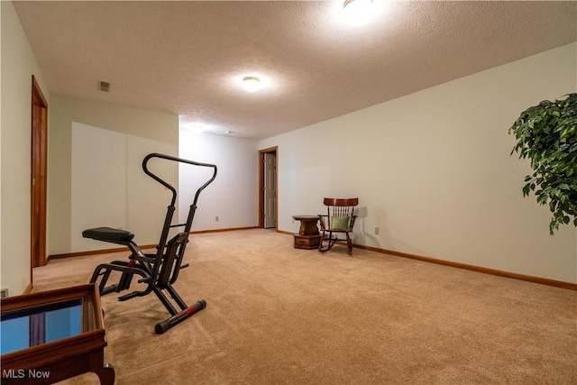 workout room with light carpet and a textured ceiling