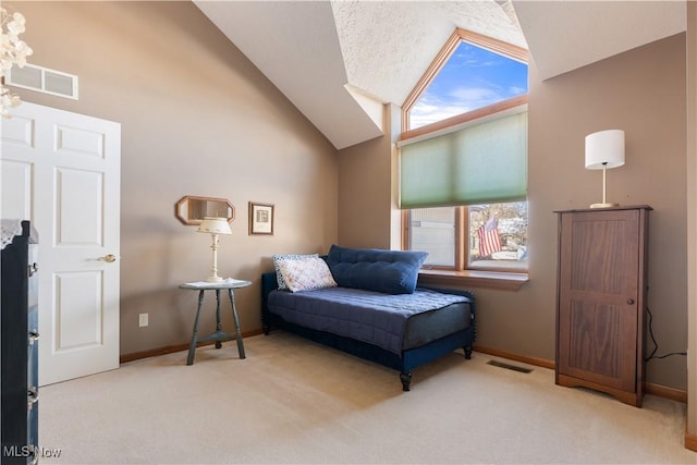 living area with light colored carpet and lofted ceiling