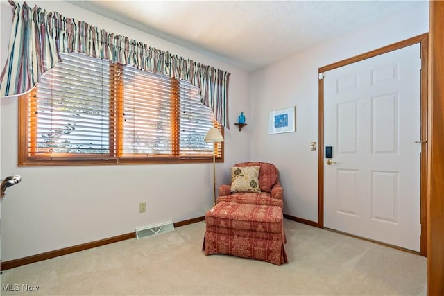 living area with light colored carpet