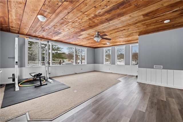 exercise room featuring hardwood / wood-style flooring, ceiling fan, and wood ceiling