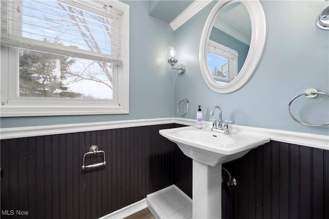 bathroom featuring ornamental molding and wooden walls