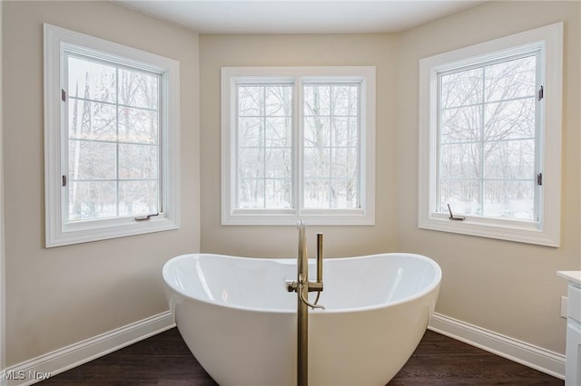 bathroom with a healthy amount of sunlight, vanity, and a bathtub