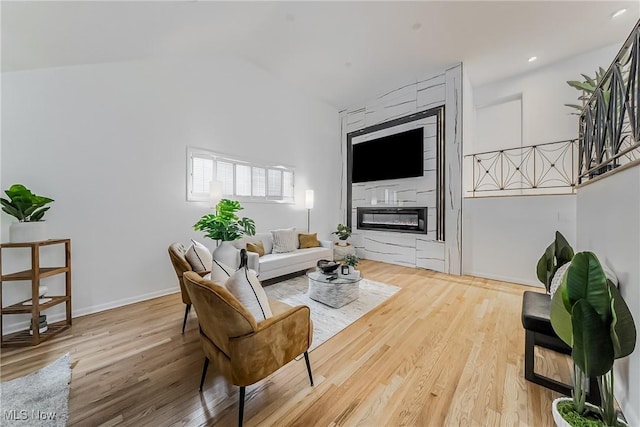 living room with a fireplace and wood-type flooring