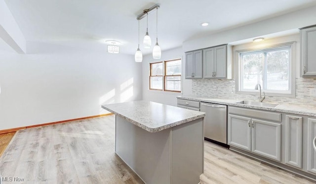 kitchen featuring a kitchen island, decorative backsplash, sink, hanging light fixtures, and stainless steel dishwasher