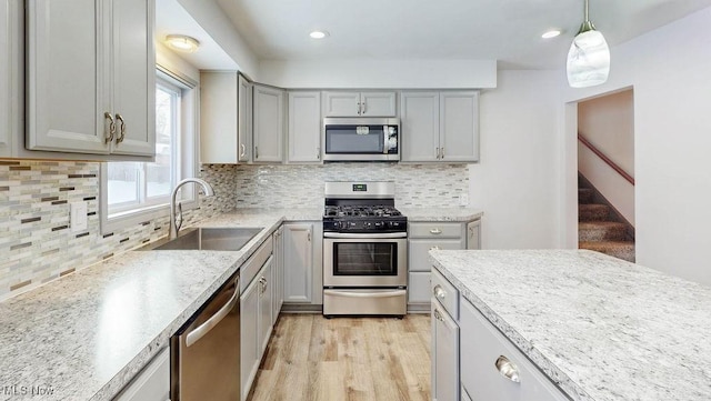 kitchen featuring appliances with stainless steel finishes, decorative backsplash, sink, pendant lighting, and gray cabinets