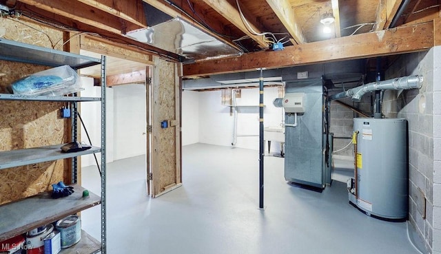 basement featuring heating unit and gas water heater