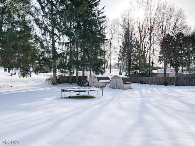 snowy yard with a storage unit and a trampoline