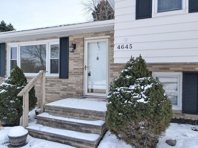 view of snow covered property entrance