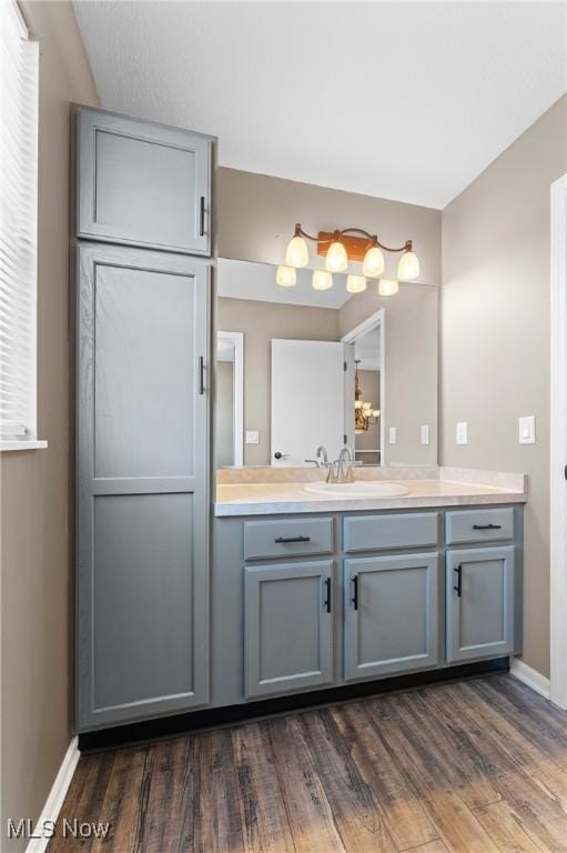 bathroom featuring vanity and hardwood / wood-style flooring