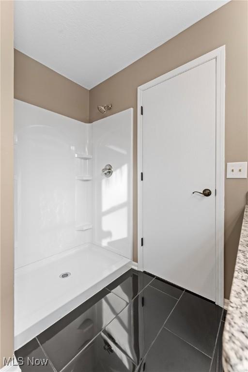 bathroom featuring walk in shower and tile patterned floors