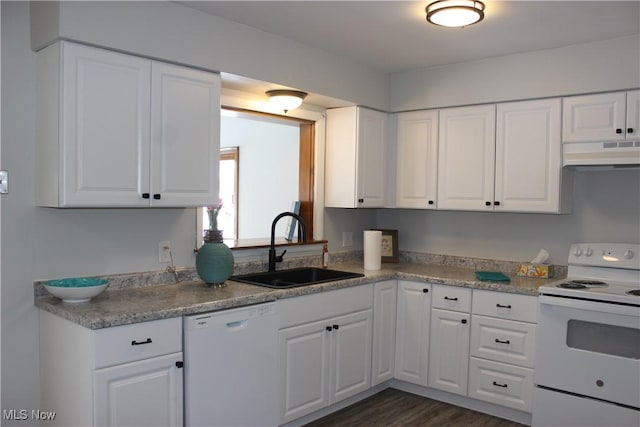 kitchen featuring sink, white appliances, white cabinets, and dark wood-type flooring