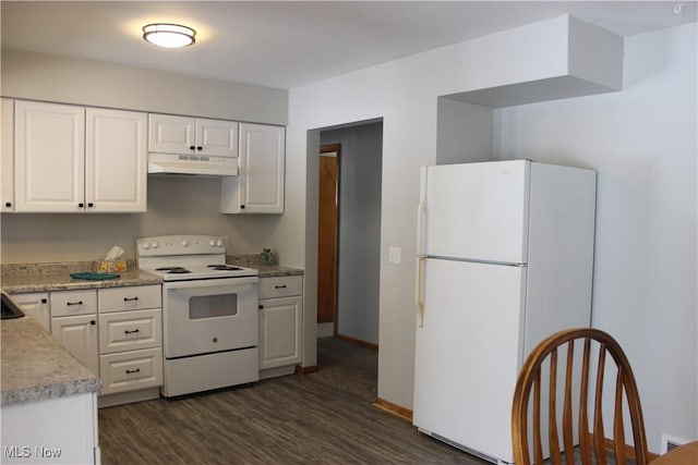 kitchen featuring dark wood finished floors, light countertops, white cabinets, white appliances, and under cabinet range hood