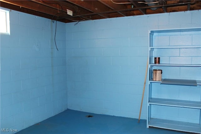 unfinished basement featuring concrete block wall