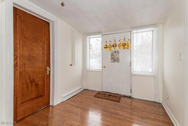 foyer entrance featuring wood-type flooring, a baseboard radiator, and plenty of natural light