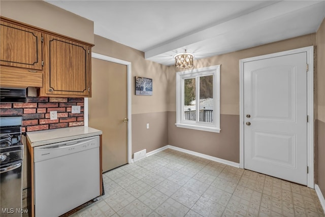 kitchen with extractor fan, an inviting chandelier, white dishwasher, and stainless steel range with gas cooktop