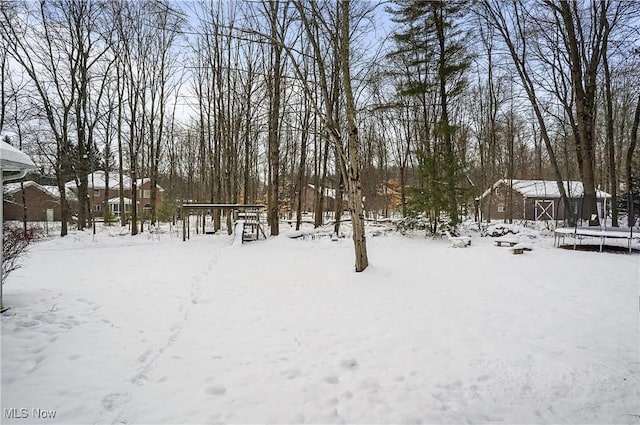 yard layered in snow with a trampoline