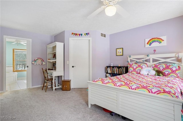 bedroom featuring light carpet and ceiling fan