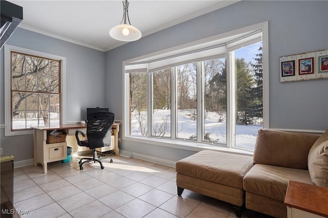 office space featuring crown molding and light tile patterned flooring