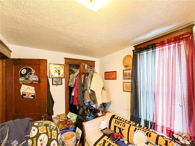 bedroom featuring multiple windows and a textured ceiling