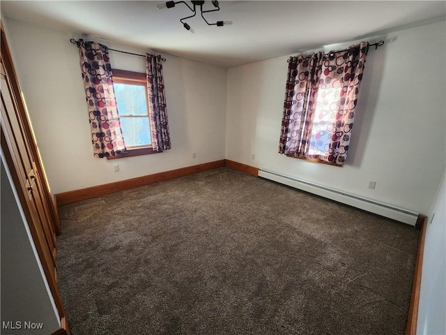 empty room featuring carpet flooring and a baseboard radiator