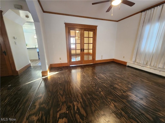 empty room with a baseboard radiator, french doors, ornamental molding, ceiling fan, and dark hardwood / wood-style floors