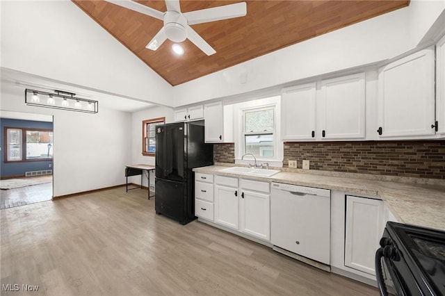 kitchen featuring black appliances, wood ceiling, white cabinetry, sink, and vaulted ceiling