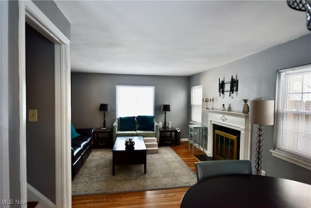 living room with plenty of natural light and wood-type flooring