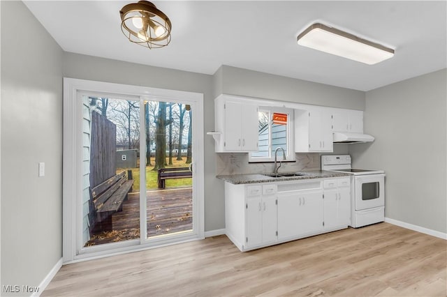 kitchen with sink, electric range, stone counters, and a wealth of natural light