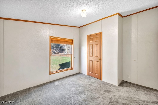 spare room featuring light colored carpet, a textured ceiling, and crown molding