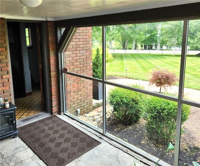 interior space with a wood stove