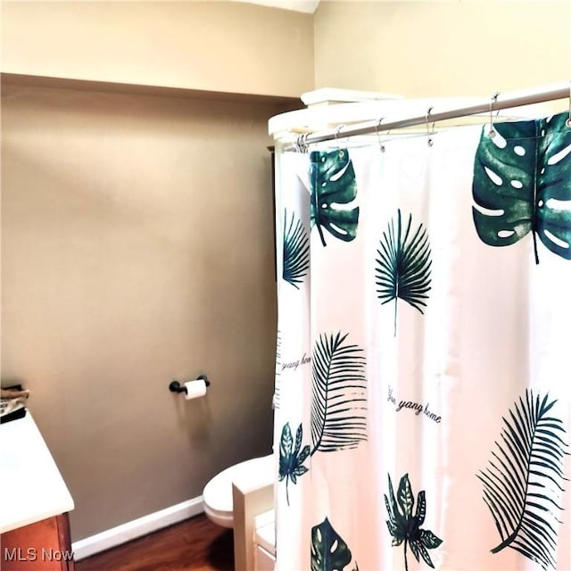 bathroom featuring vanity, hardwood / wood-style floors, and toilet