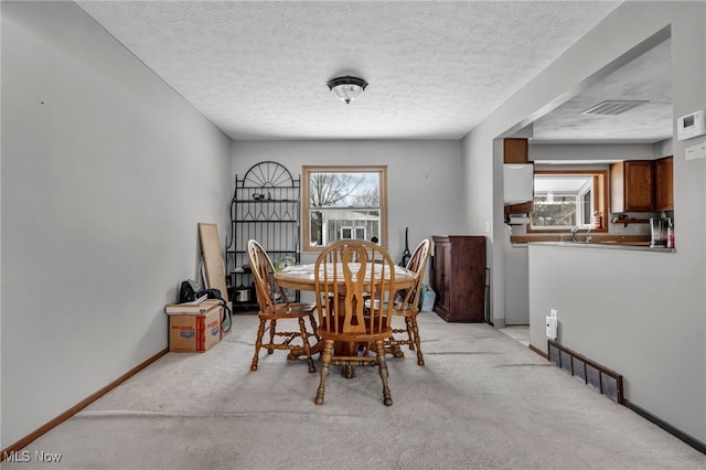 carpeted dining space with a textured ceiling