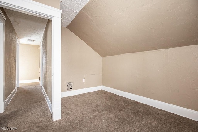 additional living space featuring a textured ceiling, carpet floors, and lofted ceiling