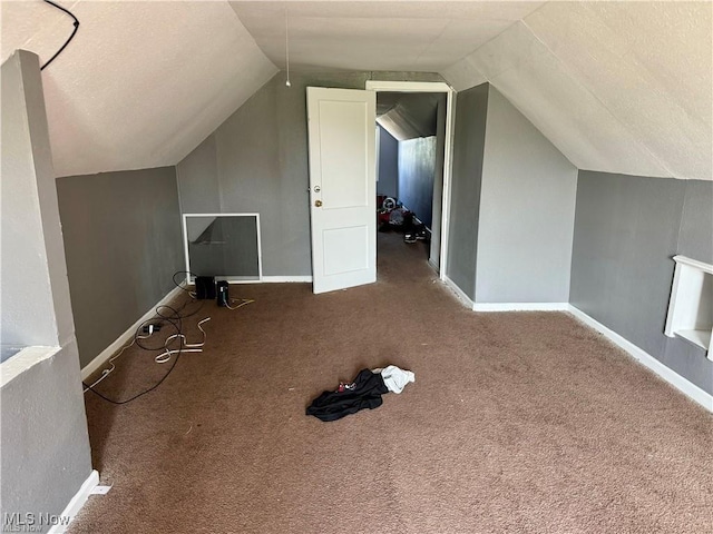 additional living space with carpet, a textured ceiling, and lofted ceiling