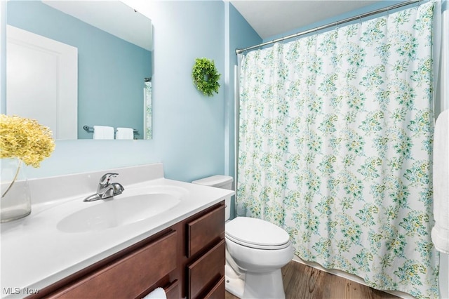 bathroom featuring wood-type flooring, toilet, and vanity