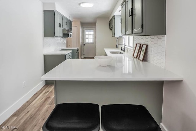 kitchen with sink, kitchen peninsula, decorative backsplash, and gray cabinets