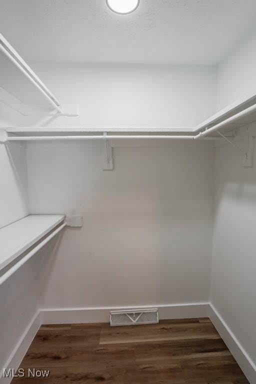 spacious closet featuring dark hardwood / wood-style flooring