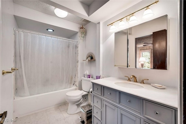 full bathroom featuring shower / bath combo with shower curtain, toilet, and vanity