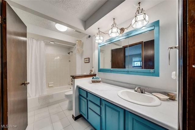 full bathroom with a textured ceiling, shower / bathtub combination with curtain, tile patterned flooring, vanity, and toilet