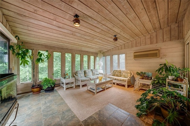 sunroom featuring wooden ceiling and a wall mounted air conditioner