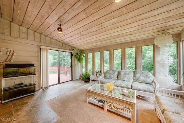 sunroom / solarium with wood ceiling and vaulted ceiling