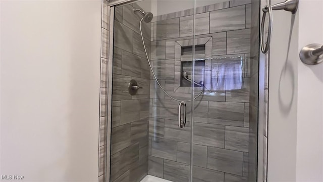 bathroom with a shower with shower door