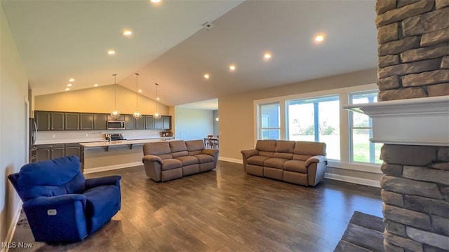 living room featuring dark hardwood / wood-style floors and vaulted ceiling