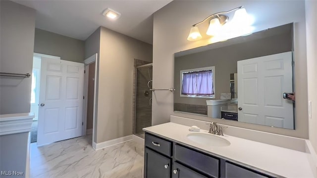 bathroom featuring vanity and a shower with door