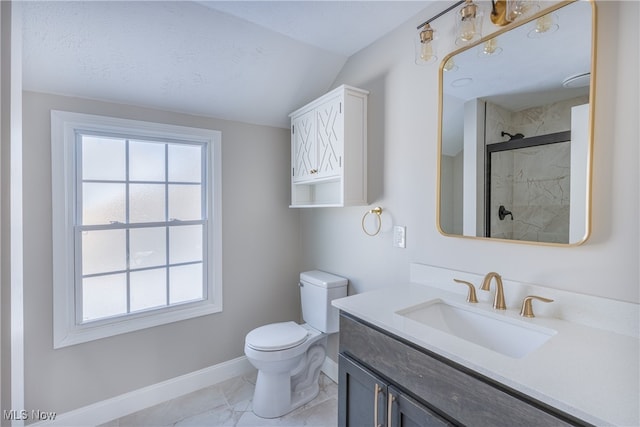 bathroom with an enclosed shower, a textured ceiling, toilet, vanity, and lofted ceiling