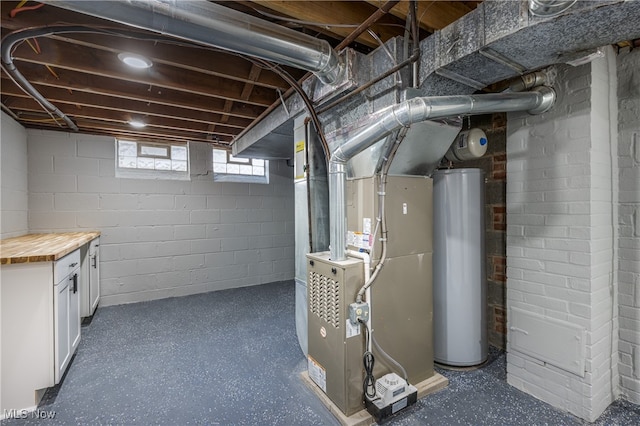 basement with heating unit and gas water heater