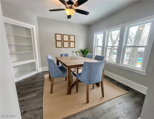 dining area with built in features, dark wood-type flooring, and ceiling fan