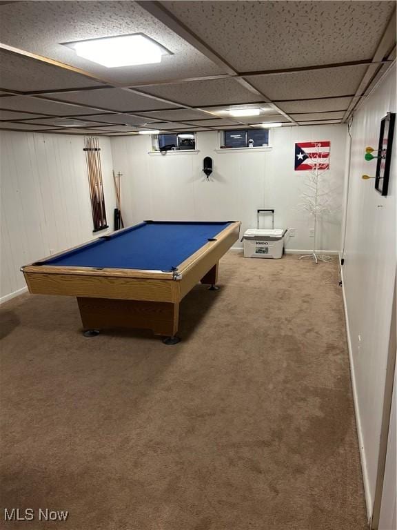 playroom with pool table, a drop ceiling, and carpet floors