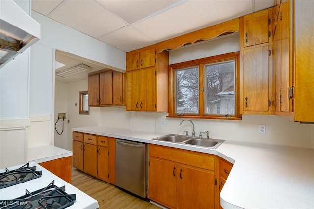 kitchen with sink, light hardwood / wood-style flooring, a paneled ceiling, dishwasher, and white gas stove