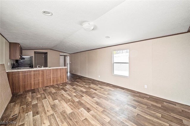 unfurnished living room with vaulted ceiling, a textured ceiling, and dark hardwood / wood-style flooring